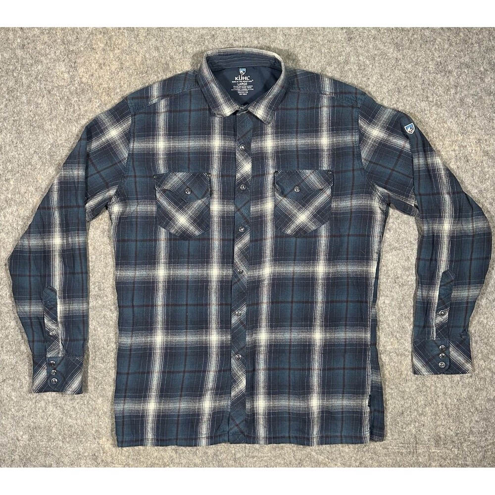 Kuhl Lowdown Shirt Men’s L Blue Plaid Pearl Snap Button Up Flannel Outdoors